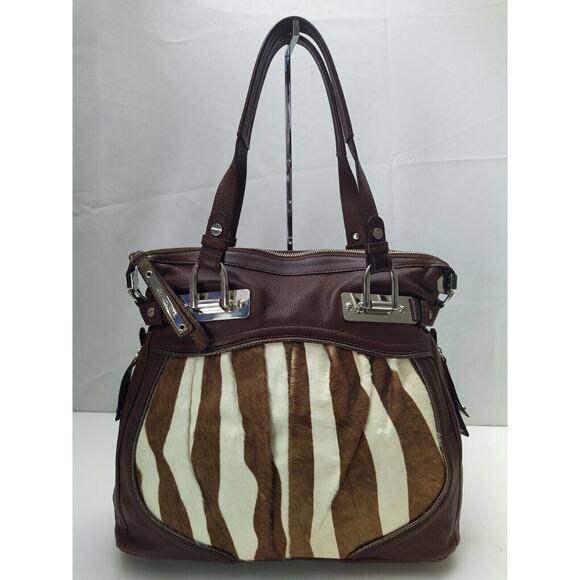 B. Makowsky Brown Leather Hairs Calf Stripes Top Handle Zipper Shoulder Bag - Picture 1 of 13
